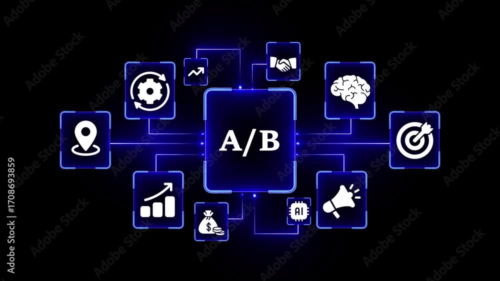 Poster a/ b testing concept diagram with icons for marketing and business growth on a black background a/b 