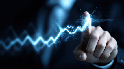 Businessman touching digital graph with upward trend, symbolizing growth and success in finance and technology. image conveys innovation and progress in corporate world