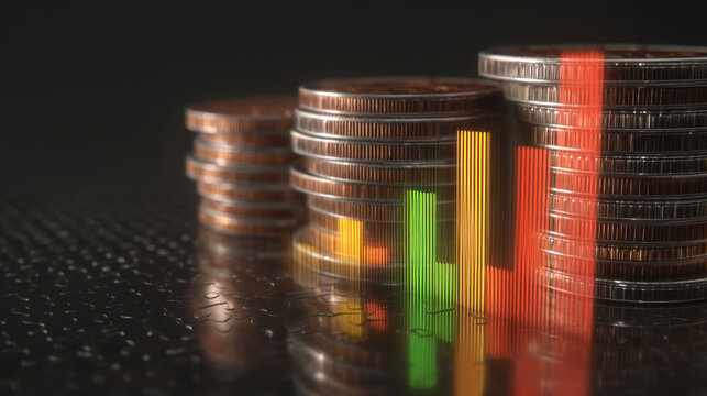 Stacks of coins with colorful bar graph representing financial growth, reflecting investment and economic progress. shiny surface enhances visual appeal, creating sense of prosperity - Powered by Adobe