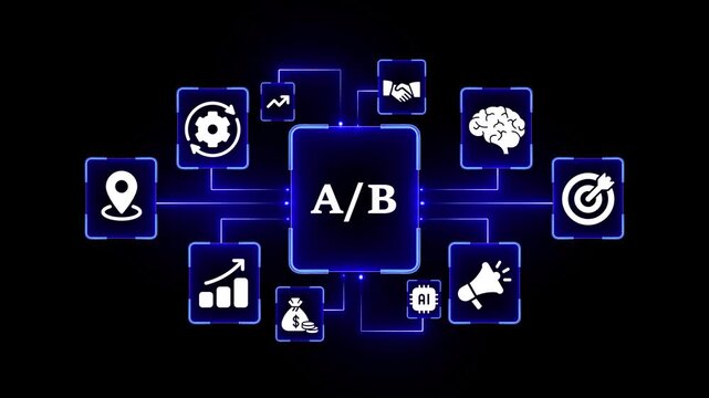 A/ B testing concept diagram with icons for marketing and business growth on a black background A/B testing