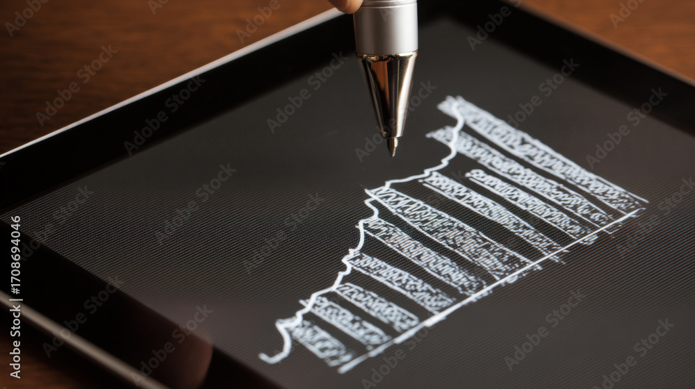 Poster digital tablet displaying financial graph with hand holding pen, illustrating growth and analysis in