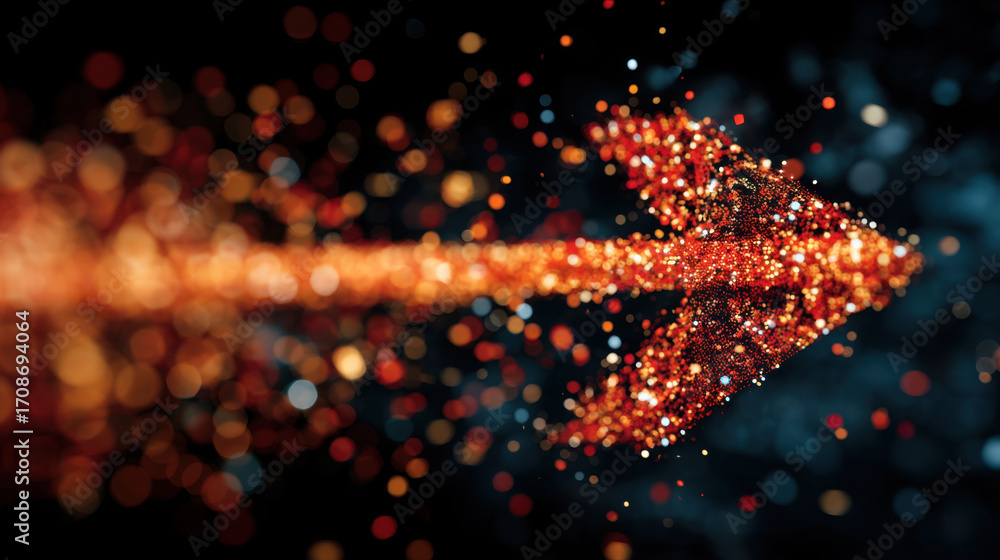 Poster Colorful arrow made of sparkling particles, symbolizing direction and movement, set against dark background filled with vibrant bokeh lights, creating dynamic and energetic atmosphere