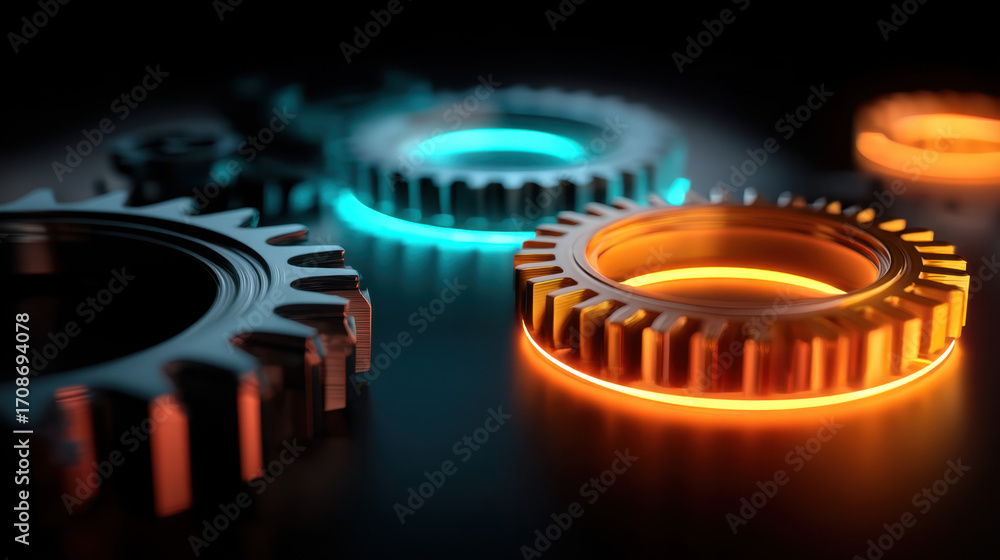 Poster gears with glowing edges various colors create striking visual effect, showcasing intricate details 
