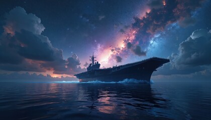 Obraz premium Naval aircraft carrier cruises on ocean under starry sky with colorful clouds. Military warship travels at dusk, horizon reflecting sunset colors. Marine vessel sails at night, sea expanse, deep blue