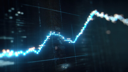 Digital representation of financial graph showcasing upward trend, illuminated by glowing blue and white lines against dark background, evokes sense of progress and success