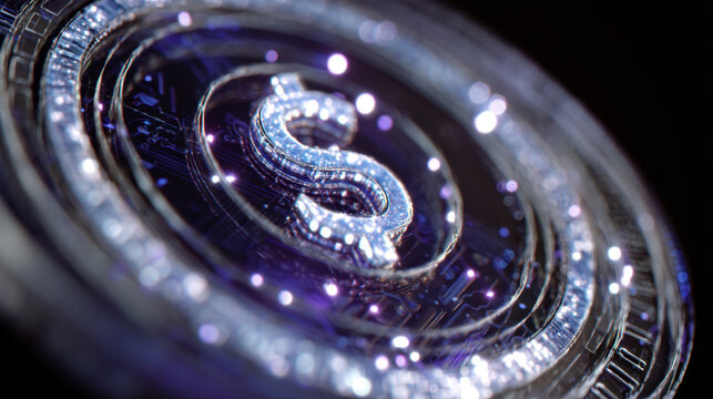 Digital currency symbol with glowing effects, representing modern finance and technology. intricate design showcases futuristic aesthetic, emphasizing innovation and digital transactions