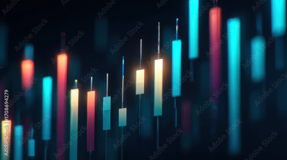 Poster digital financial chart with colorful candlestick patterns representing market trends and fluctuatio