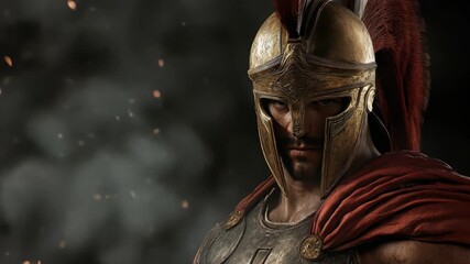 Spartan Warrior Portrait: Intense Gaze, Bronze Helmet, Red Plume, Ancient Greece, Dramatic Lighting, Battle Ready - Powered by Adobe