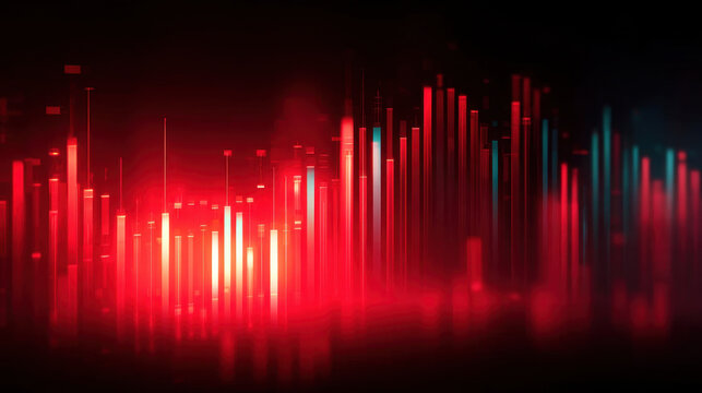 Vibrant digital sound waves create mesmerizing visual display in shades of red and teal, evoking sense of energy and rhythm. This abstract representation of audio frequencies captivates viewer
