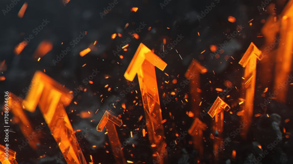 Aufkleber abstract glowing arrows rise from dark background, surrounded by sparks and glowing particles, symbo