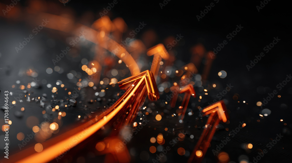 Poster dynamic orange arrows symbolize growth and progress, set against dark background with shimmering par