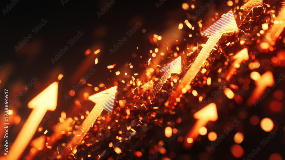Poster dynamic upward arrows symbolize growth and progress, surrounded by vibrant sparks and glowing partic