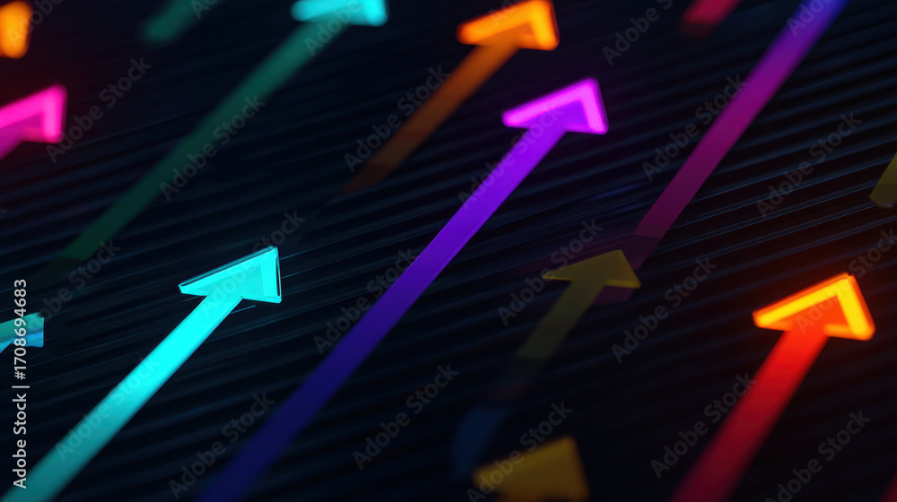 Poster colorful arrows in various shades point upward against dark background, creating dynamic and modern 