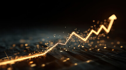 Dynamic upward trend represented by glowing line graph, symbolizing growth and success in business or finance, with sparkling particles enhancing visual appeal