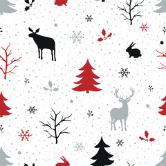 Winter Forest Seamless Pattern. Christmas Print. Winter Woods with Wild Animals, Trees, Snowflakes, Leaves, Berries. Red, Gray, Black Silhouettes. Template. Vector Illustration on White Background