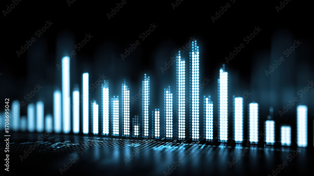 Poster digital sound wave visualization audio frequency bars glowing blue light abstract technology backgro
