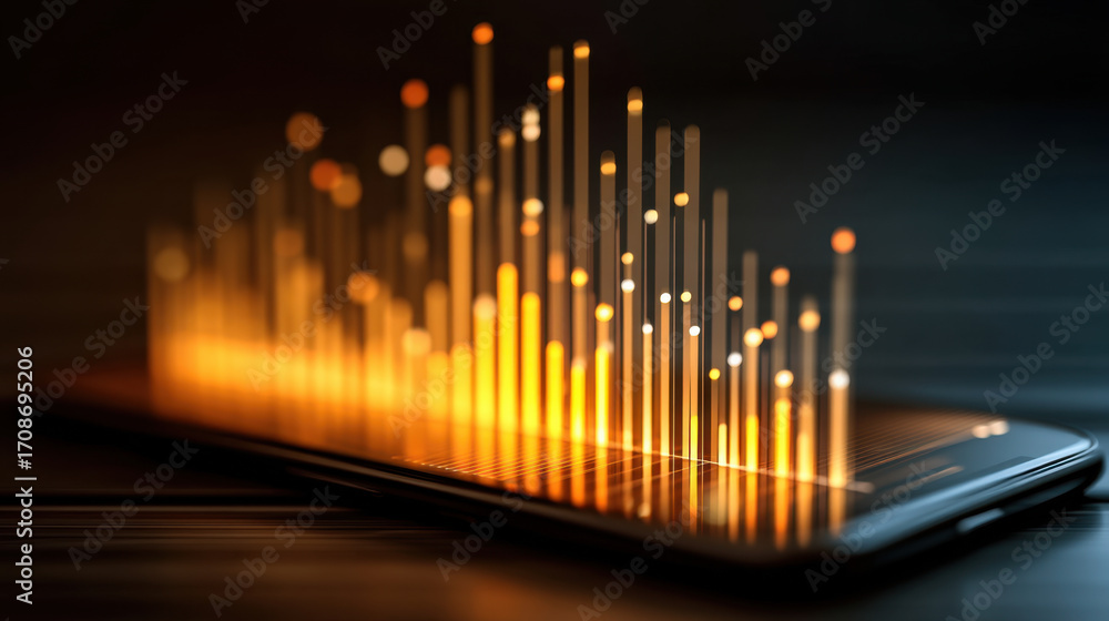 Poster smartphone displaying vibrant sound wave visualization with glowing bars in shades of orange and whi