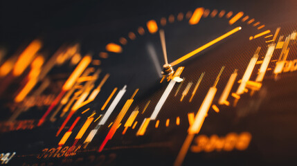 Digital clock display with blurred motion effect, showcasing time and data visualization in vibrant orange and black tones. image conveys sense of urgency and speed in financial context