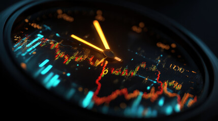 Digital clock displaying stock market data with vibrant colors and intricate details. glowing hands indicate time while background features fluctuating graphs and numbers, creating dynamic