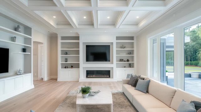Elegant Living Room Interior with White Built-in Shelves, Fireplace, Modern Furniture, and Coffered Ceiling Design