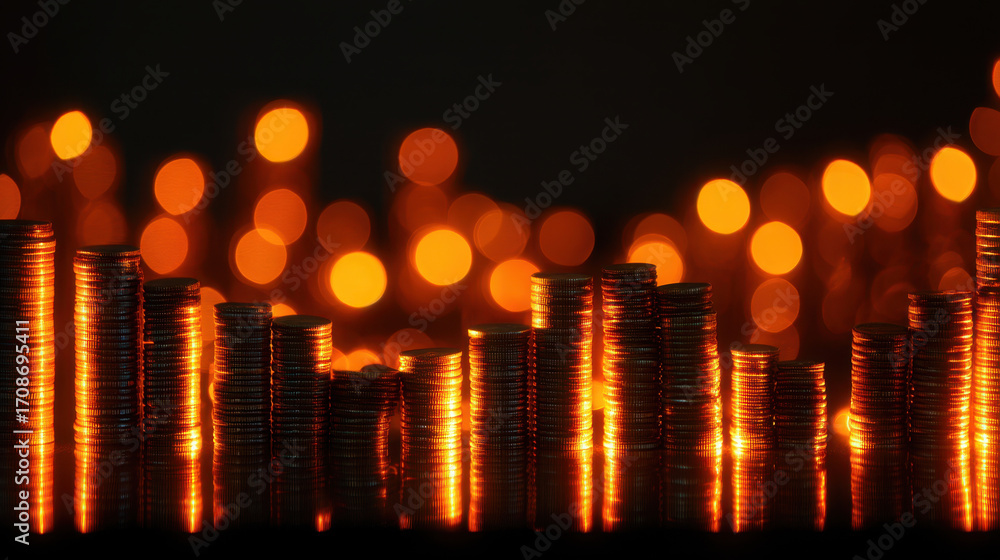 Poster shiny coins stacked varying heights create visually striking pattern against backdrop of warm, glowi