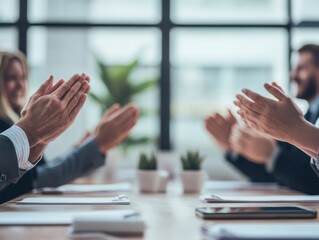 Hand clapping for success, celebration in office meeting room.
