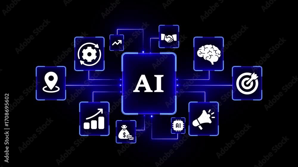 Aufkleber ai artificial intelligence process flowchart with icons and blue neon lights on black background tec