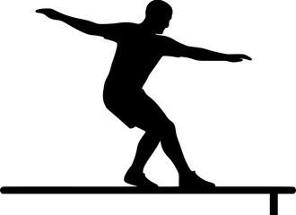 Minimalist black and white vector of an athlete balancing on a rail, sleek silhouette illustration for parkour posters, urban sport visuals, and dynamic motion graphics.