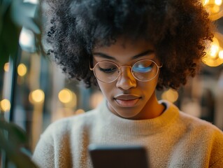 African American woman using cell phone with large glasses and ponytail, indoor setting with blurred bokeh lights in background.