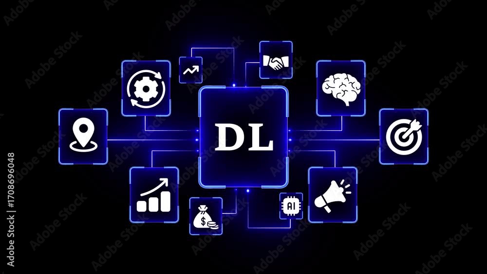 Poster digital learning dl concept with interconnected icons and glowing blue lines on black background edu