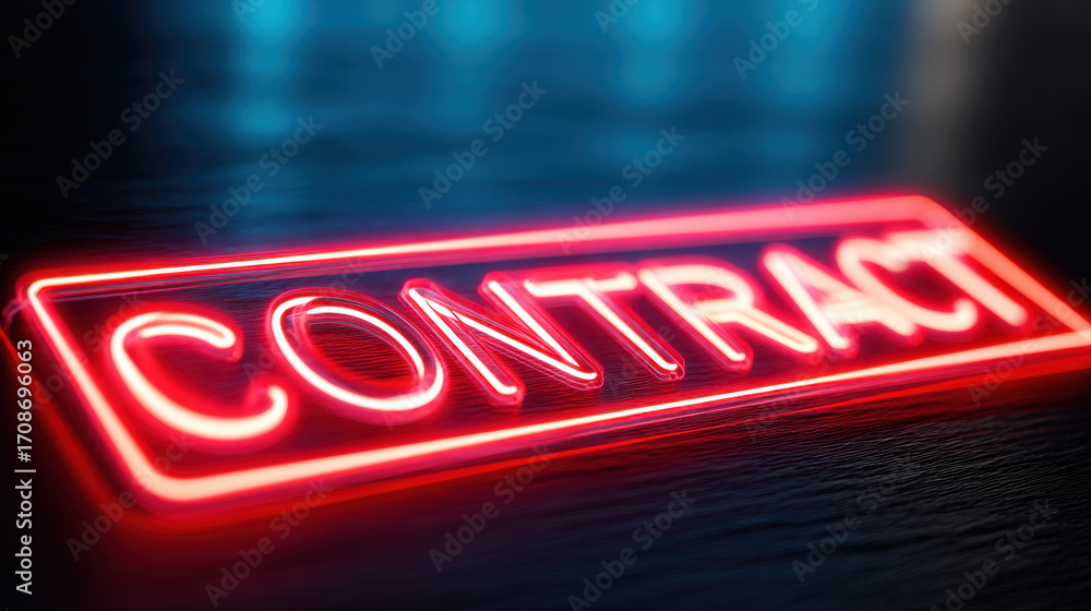 Poster neon sign displaying word contract in bright red, illuminated against dark background, creating stri