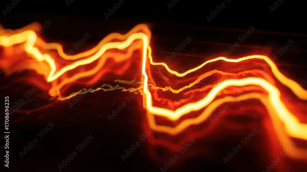 Poster abstract representation of fluctuating data with vibrant orange and yellow lines creating dynamic vi