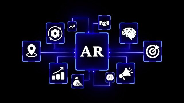 Augmented Reality AR concept with interconnected icons and glowing blue lines on black background technology