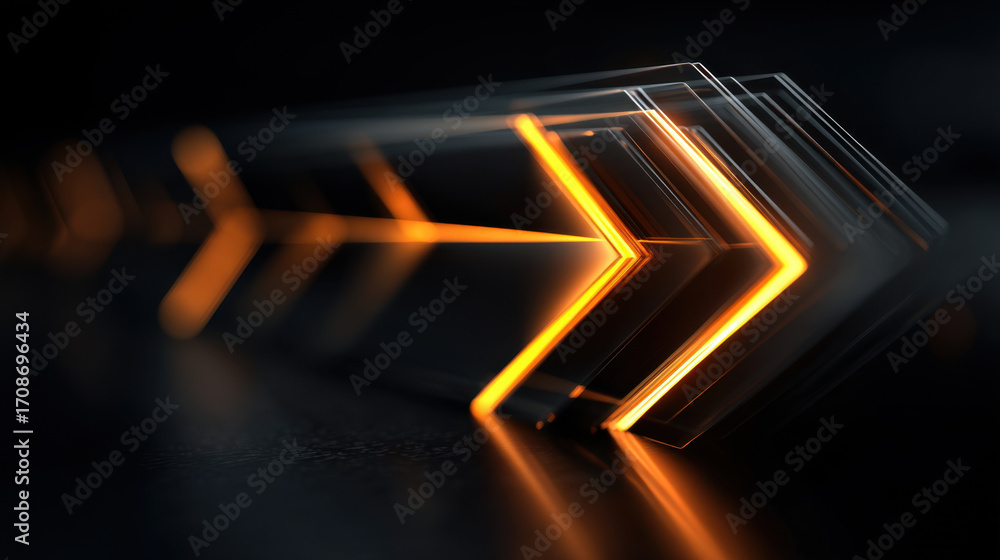 Poster dynamic and modern abstract design featuring glowing orange arrows in sleek, dark environment. inter