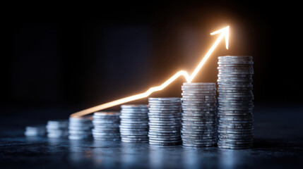 Increasing financial growth represented by stacked coins and upward arrow symbolizes prosperity and investment success. This captures essence of economic advancement and wealth accumulation