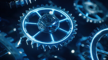Futuristic gears with glowing blue outline create dynamic and intricate mechanical design, symbolizing innovation and technology in motion