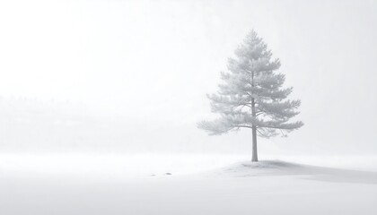 Solitary pine tree in a vast, misty landscape