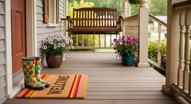 A porch with a bench swing, flower pots, rain boots, and a welcome mat in front of a closed front door ai generated - Powered by Adobe