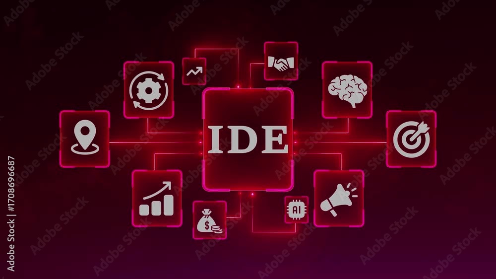 Poster ide concept infographic with icons and red glowing lines on dark background integrated development e