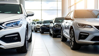Cars lined in a showroom, viewed from the front, with large windows in the background