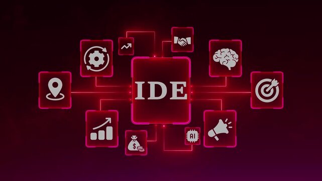 IDE Concept Infographic with Icons and Red Glowing Lines on Dark Background integrated development environment