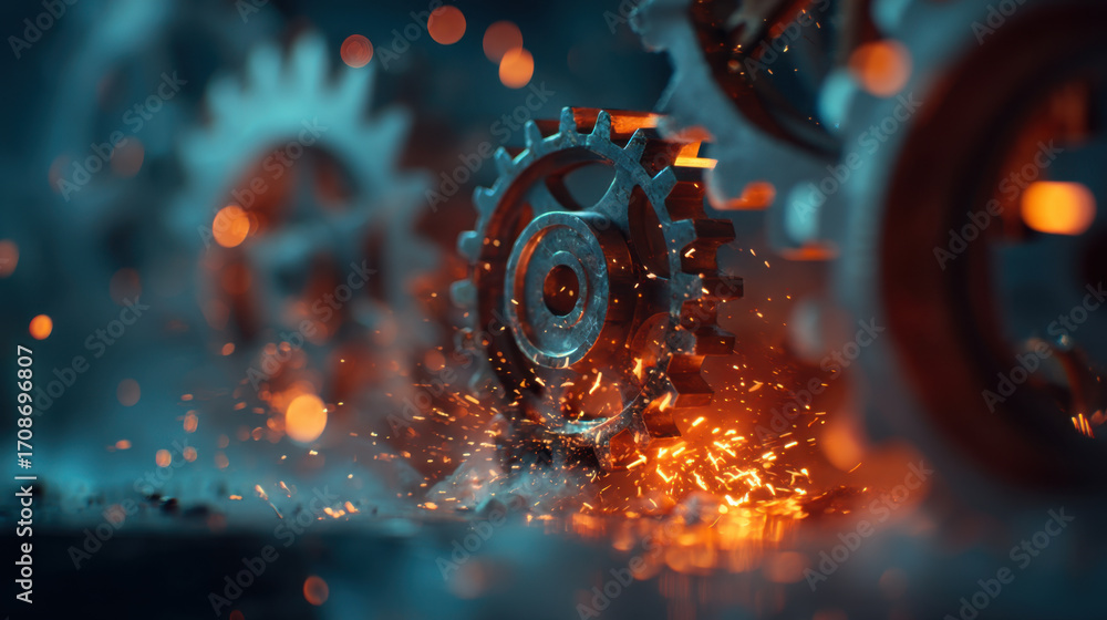 Poster gears in motion create dynamic scene filled with sparks and glowing embers, showcasing beauty of ind