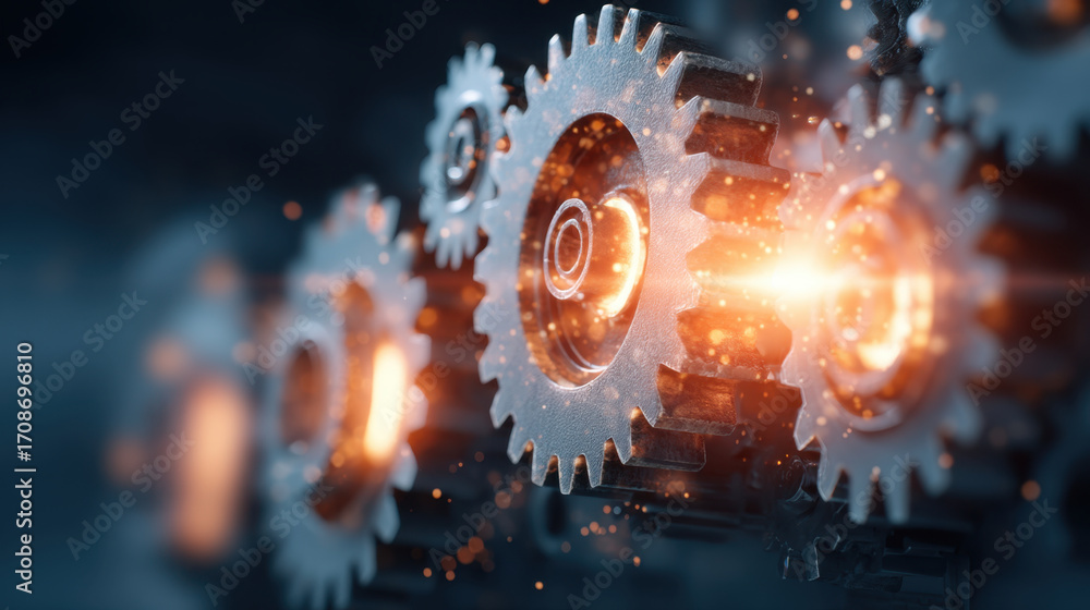 Poster gears in motion create dynamic and industrial atmosphere, showcasing intricate details and glowing e