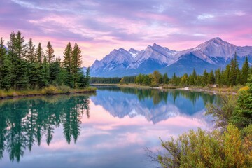 Tranquil lake reflecting majestic mountains at dawn, surrounded by lush greenery and vibrant colors, creating a serene and peaceful natural landscape