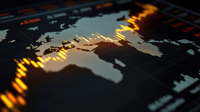 Visualize world map with glowing financial data overlays, representing global markets and economic trends. vibrant orange and yellow lines depict fluctuations stock prices, conveying sense