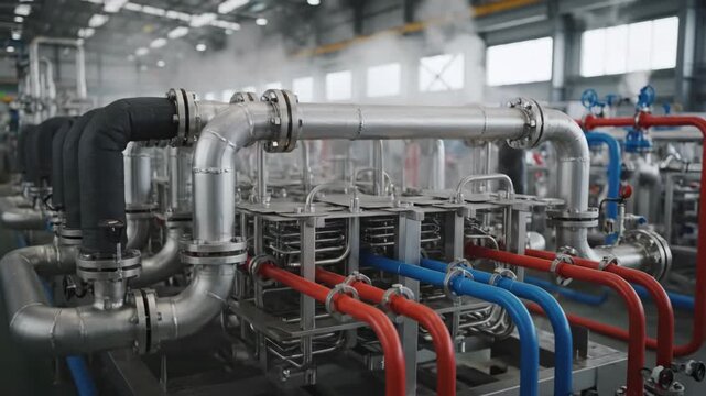 Industrial Heat Exchanger System in Factory - Close-up view of a complex industrial heat exchanger system within a factory setting. Steam is visible, indicating the heat transfer process.