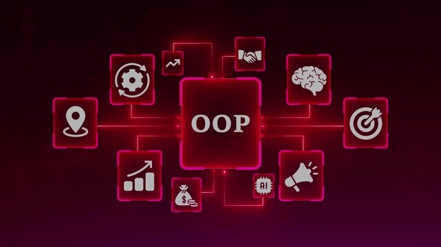 Object Oriented Programming Concept Infographic with Icons and Red Glowing Lines on Dark Background software