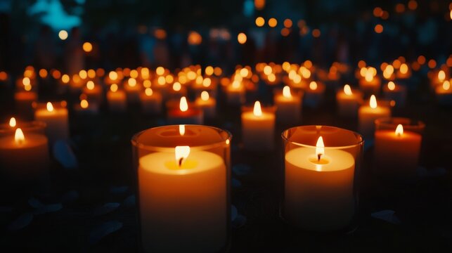 Candlelight event at dusk with many votive candles, creating a warm and intimate ambiance.