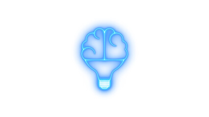 Abstract blue neon brain lightbulb glowing with bright white outline symbolizing innovation, creativity and intelligence on transparent background