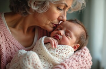 Close-up portrait of a grandmother kissing her sleeping newborn grandchild. Tender moment of love and affection between generations. Baby wrapped in a soft knit blanket. Gentle, peaceful scene.